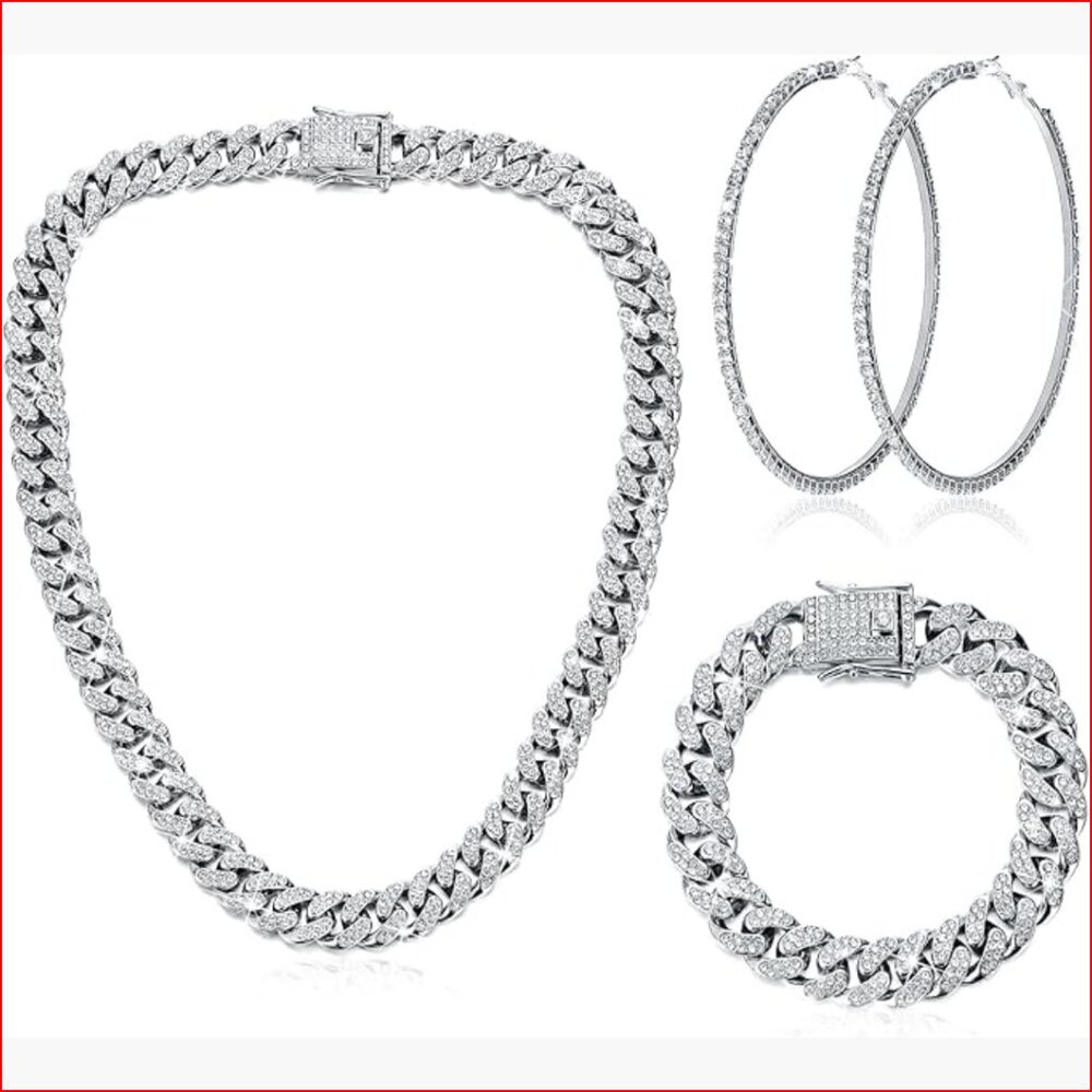 Cuban Link Chain Necklace Bracelet Rhinestone Hoop Earrings Jewelry Set
